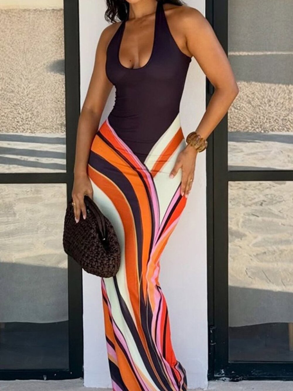 Multi Color Striped Sleeveless Halter Maxi Mermaid Dress - Picture 4 of 7